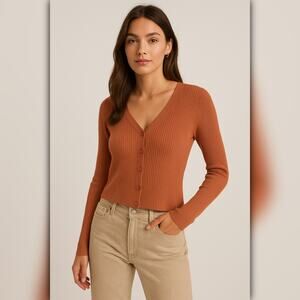 A197-A • Terracotta Ribbed Button-Front V-Neck Cardigan